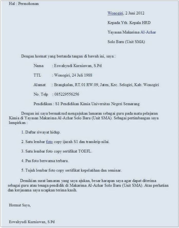 Contoh Surat Lamaran Kerja Untuk Bekerja Sebagai Guru!