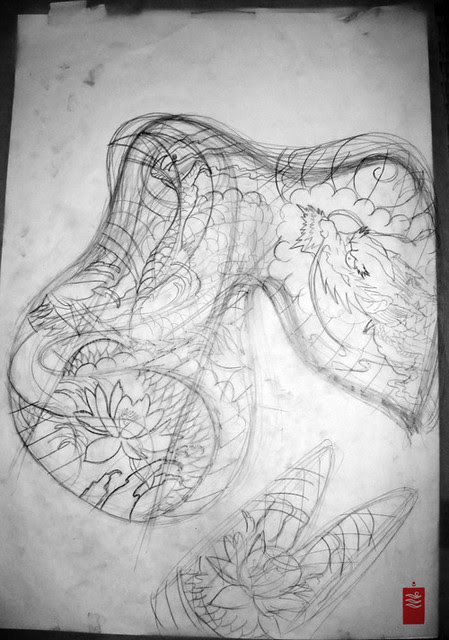 Black and grey dragon tattoo sleeve first draft