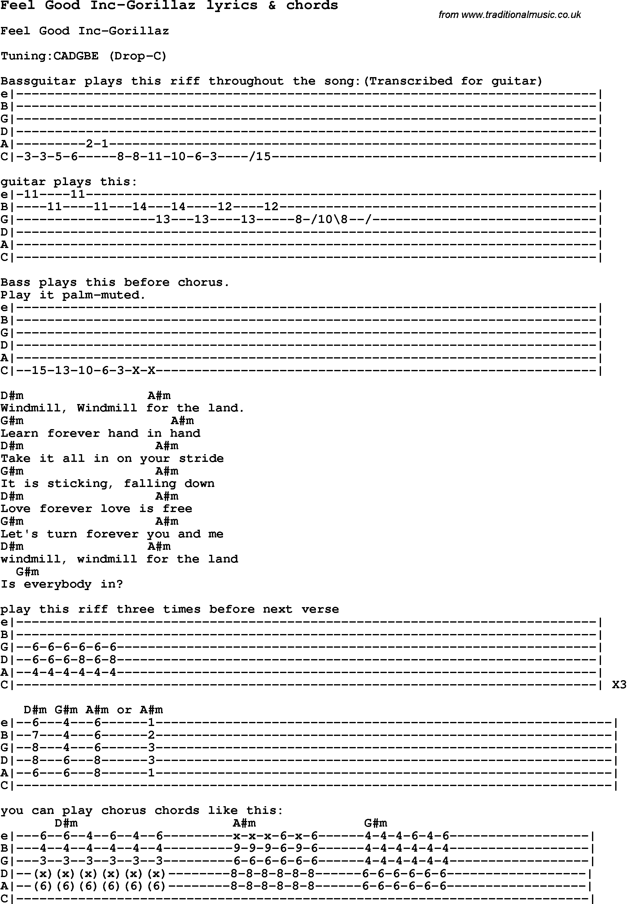 Love Song Lyrics For Feel Good Inc Gorillaz With Chords