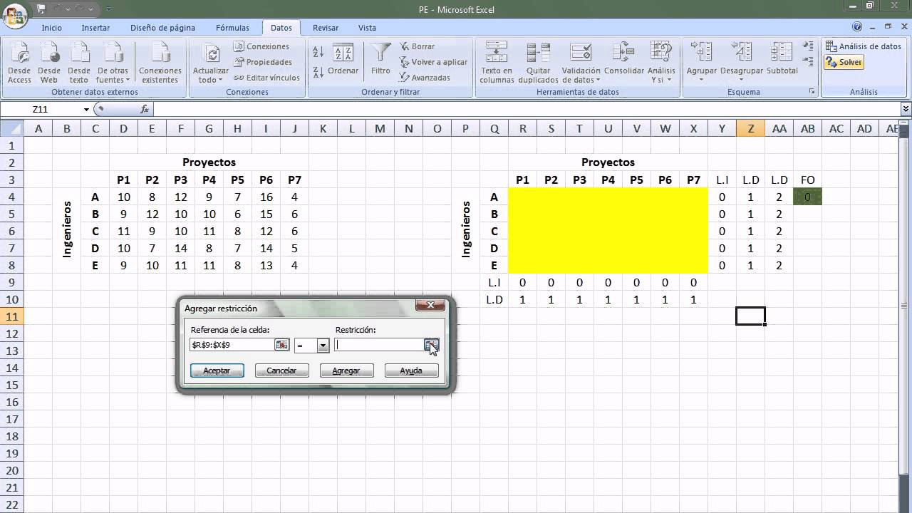 Problema de Asignación en Programación Entera resuelto con Solver de Excel.avi YouTube