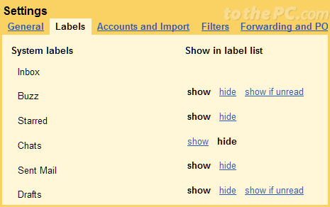 Show & hide Labels in Gmail inbox