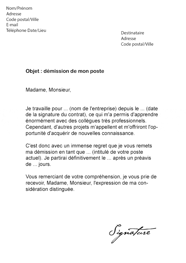 Lettre de démission pour un emploi en Suisse