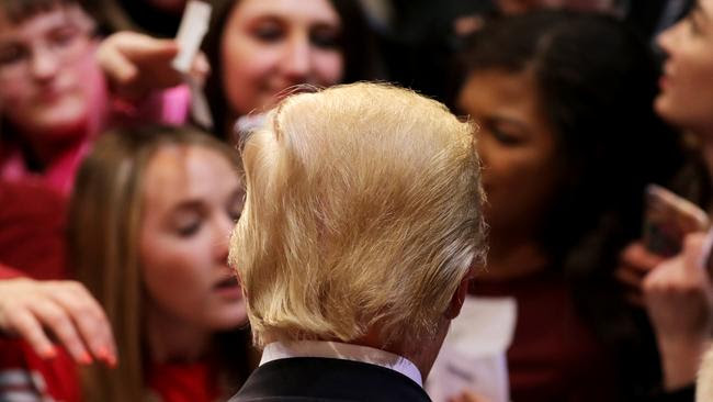 Donald Trump greets supporters during a rally at Memorial High School in Eau Claire, Wisconsin, Saturday, April 2, 2016. Picture: Marisa Wojcik/The Eau Claire Leader-Telegram via AP