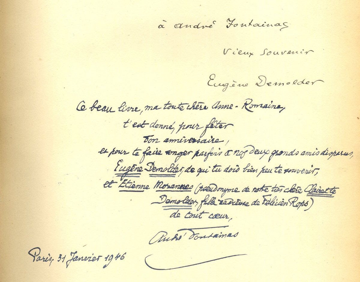 Envois manuscrits d'Eugène Demolder à André Fontainas et d'André Fontainas à Anne-Romaine Fontainas