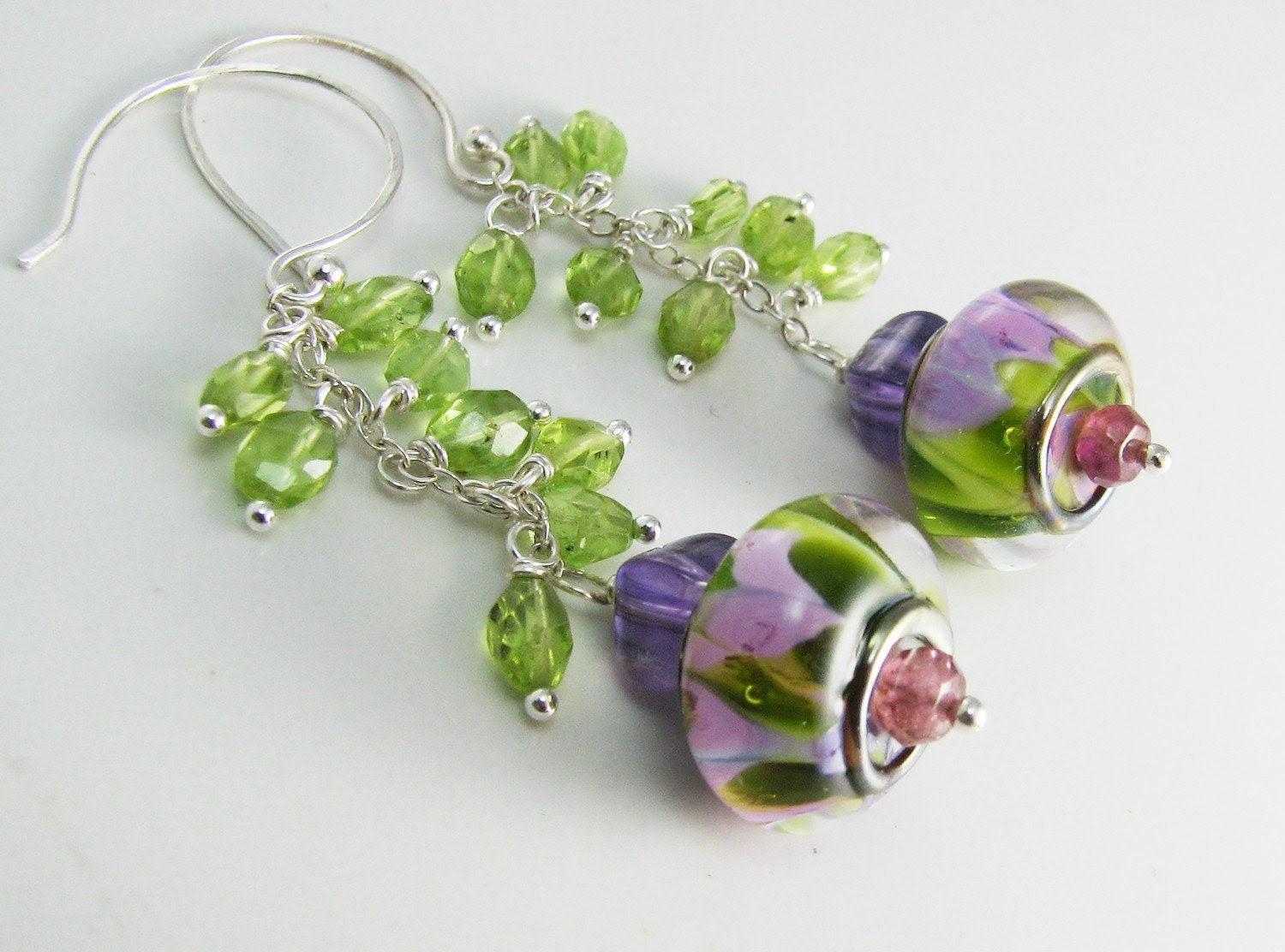 Peridot Garden and amethyst artisan lampwork earrings