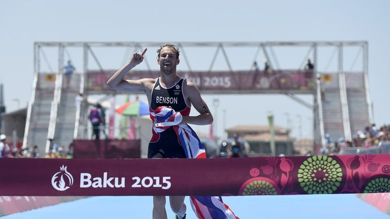 Gordon Benson crosses the line to win gold in Baku