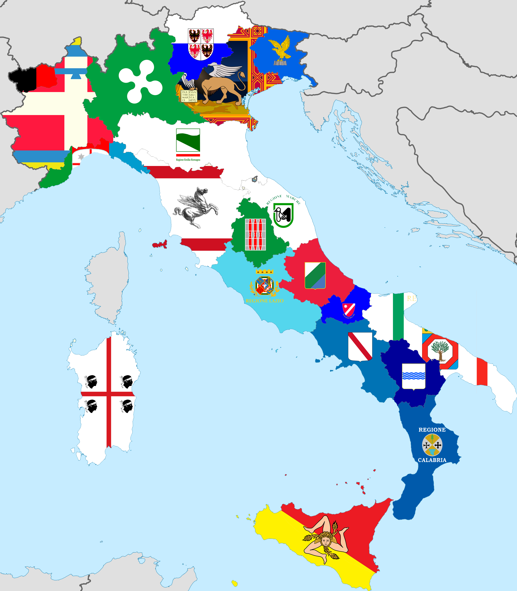 Mappa delle Regioni d'Italia con Bandiere : italy
