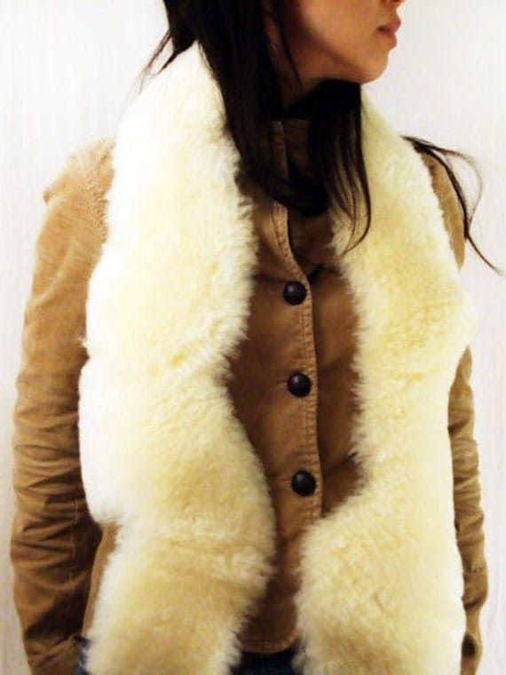 Treasury Item - Cream Sheepskin Meandering Scarf, Repurposed