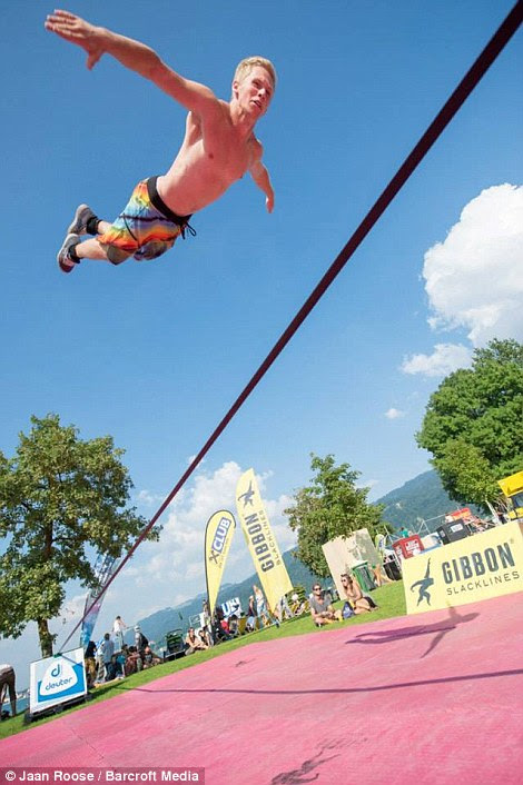 Daredevil stunts: Roose performs at the Freakwave festival on September, 2013 in Bregenz, Austria, right. Left, practice makes perfect