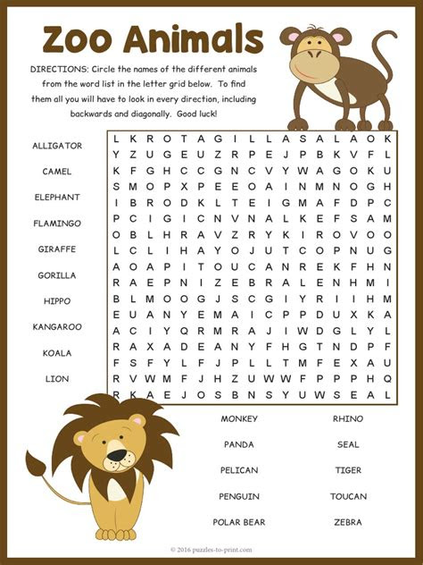  zoo animals word search organisms leisure