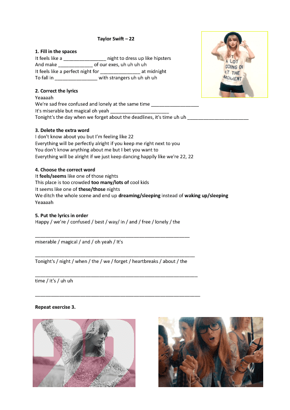 Download Song Worksheet: 22 by Taylor Swift
