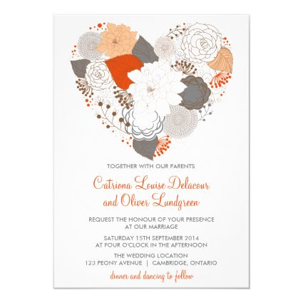 Gray and Orange Heart Flowers Wedding Invitation 5" X 7" Invitation Card