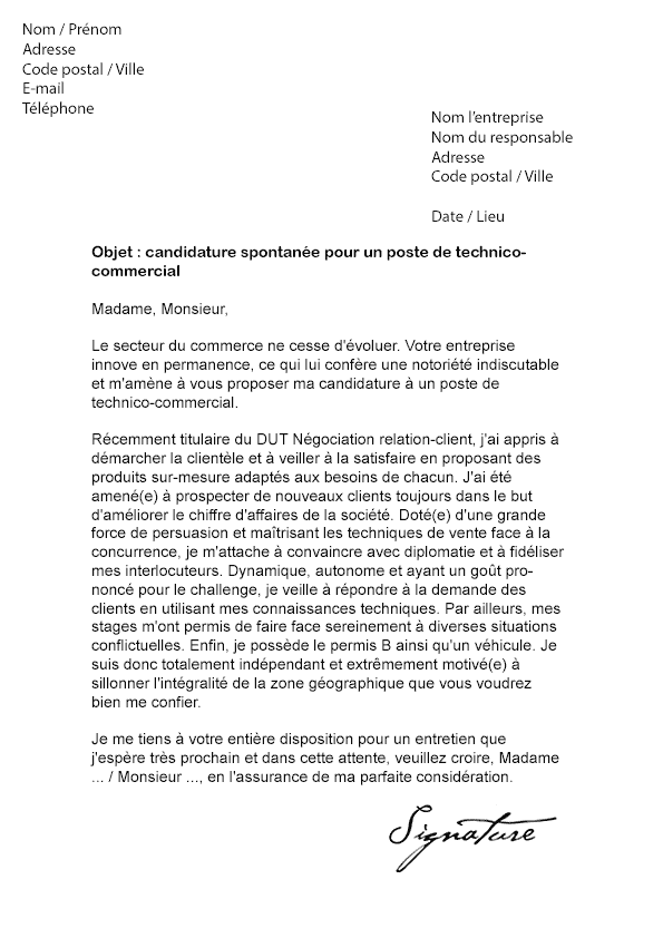 Lettre de motivation Technico-commercial - Modèle de Lettre