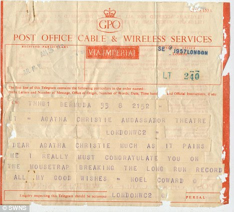 Long lost: The telegraph sent by Noel Coward to Agatha Christie more than half a century ago