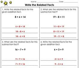 Related Addition And Subtraction Facts Worksheets