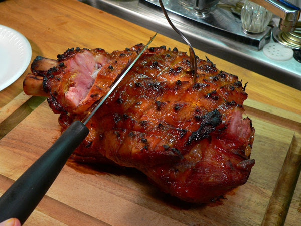 Smoked Picnic, slice at an angle.