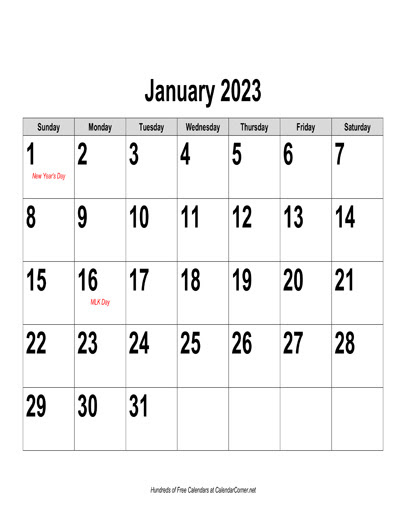 free 2023 large number calendar landscape with holidays
