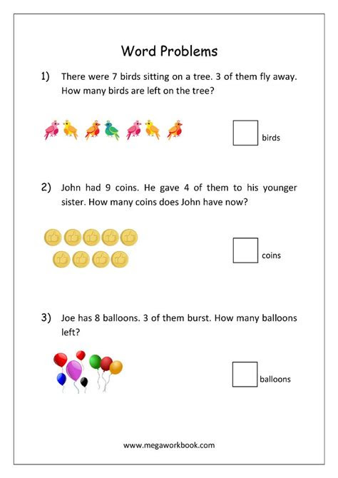  addition and subtraction word problems worksheets for kindergarten and