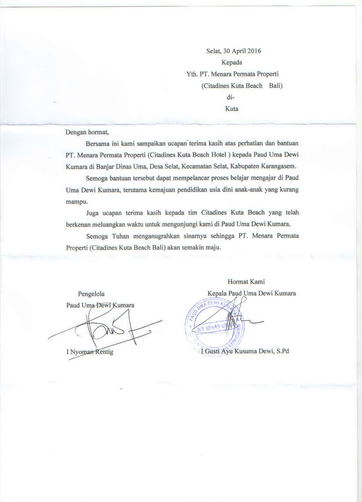Kunjungan Citadines Kuta Beach Bali ke PAUD Uma Dewi 