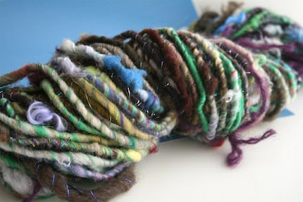 Turning, Candy Wrapper corespun handspun art yarn, 50 yards