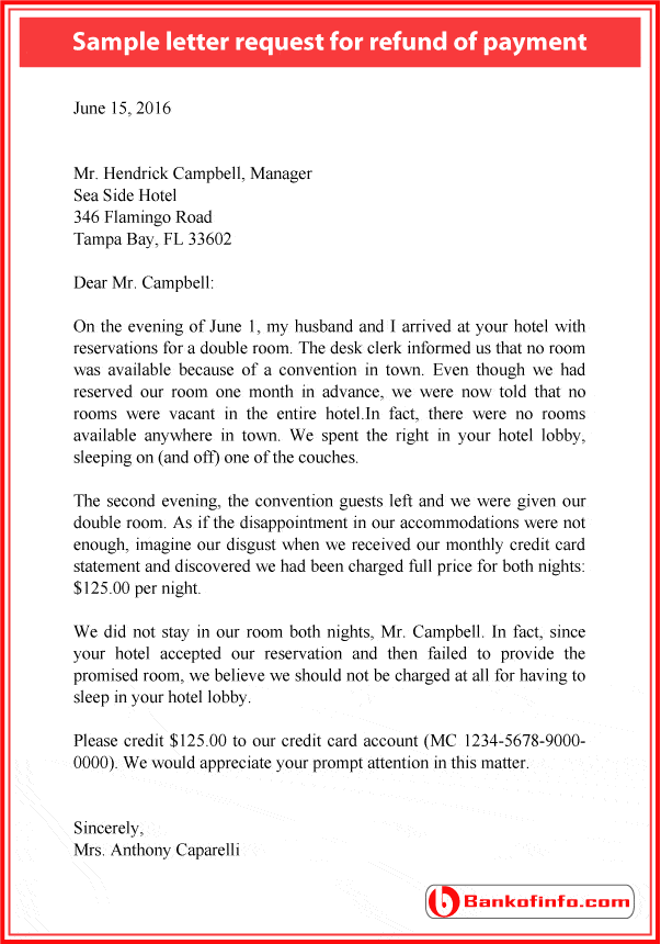 Sample Letter Request For Refund Of Payment