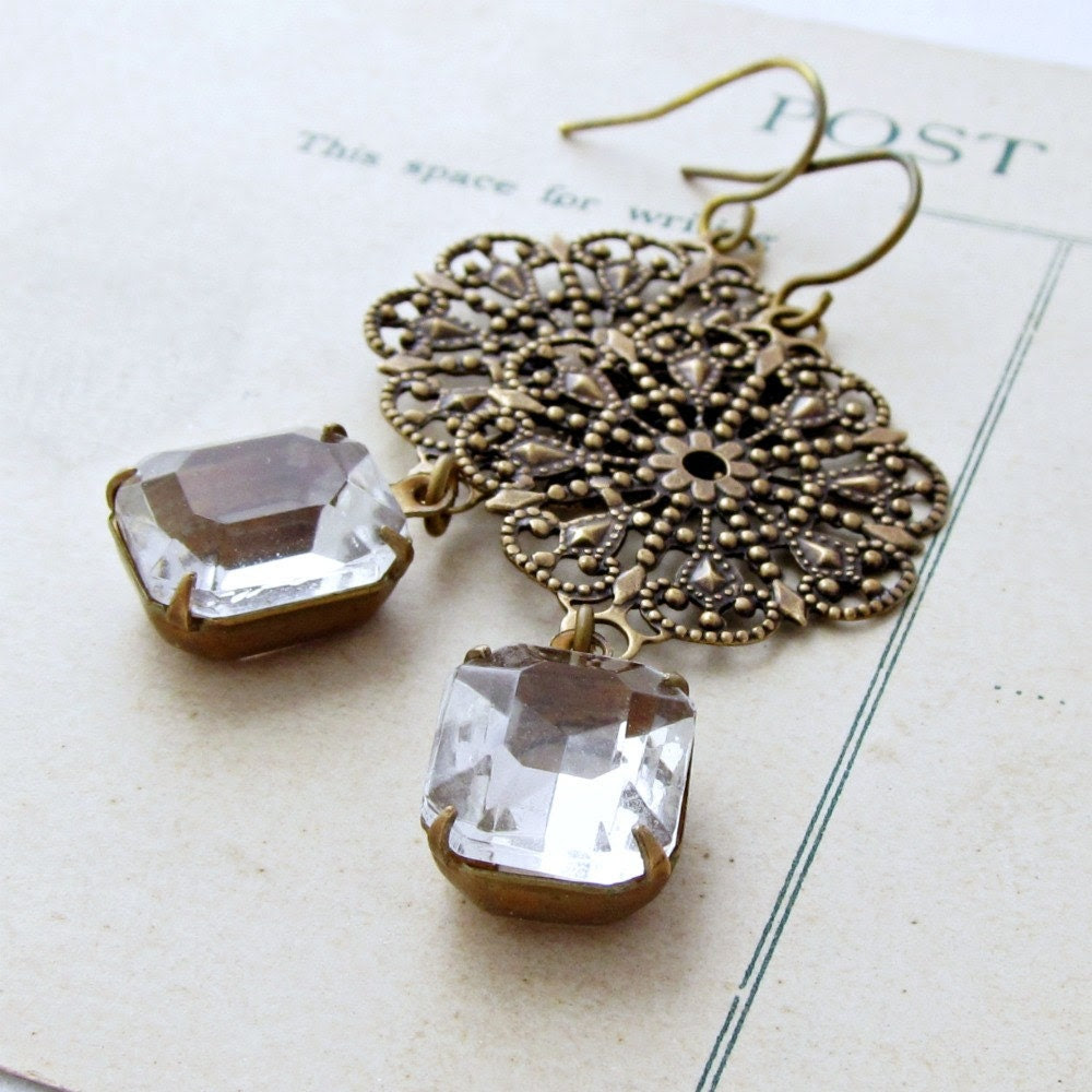 Lace Filigree Earrings Rhinestone Dangle Earrings Vintage Glass Jewels Rustic Antique Brass Earrings Bridal Earrings christmasinjuly  - Anya - laurenblythedesigns