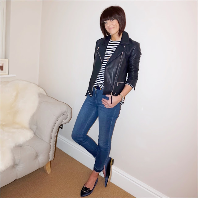 My Midlife Fashion, bonmarche stripe sweat top, massimo dutti navy leather biker jacket, boden cropped jeans, charlotte olympia kitty face slipper flats