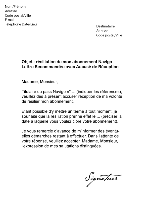 Lettre de résiliation Navigo (RATP) - Modèle de Lettre