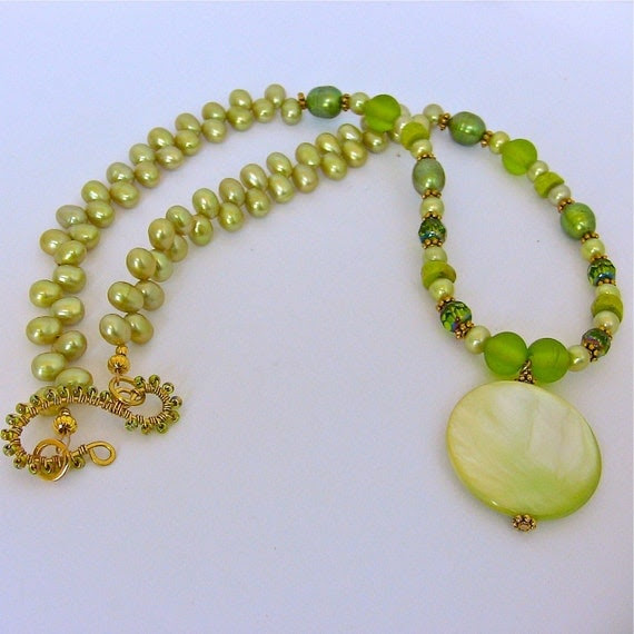 Lime Green Necklace with Unique Shell Focal and Gorgeous  Freshwater Pearls Matching Green Earrings