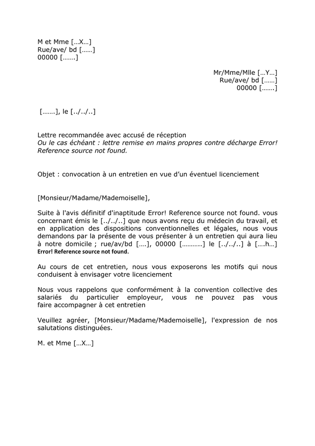 lettre type convocation entretien professionnel