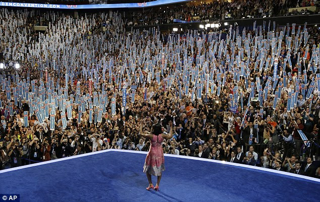 First Lady Michelle Obama walks on stage to speak to the Democratic National Convention in Charlotte, N.C., on Tuesday