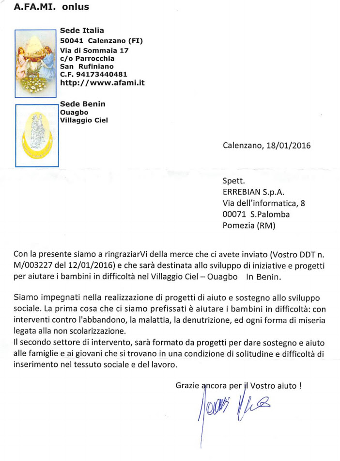 A.FA.MI ONLUS iniziativa benefica per i bambini del Benin
