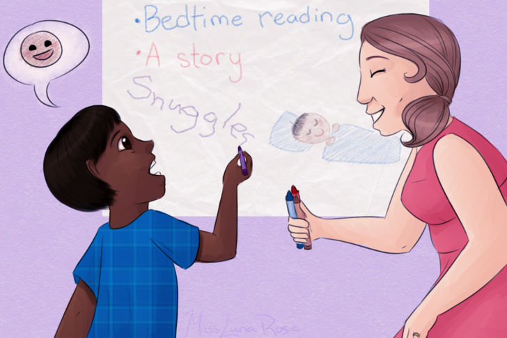 Cheerful Boy and Therapist Write Bedtime Ideas.png