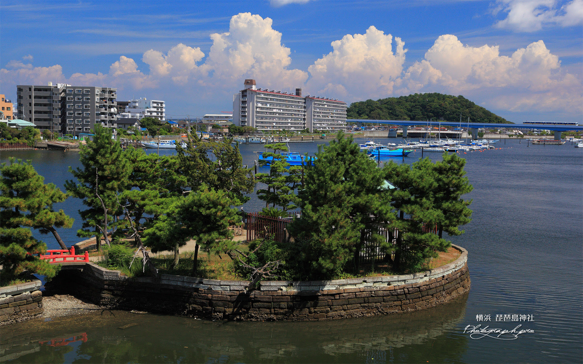 琵琶島神社と入道雲 の壁紙 19x10