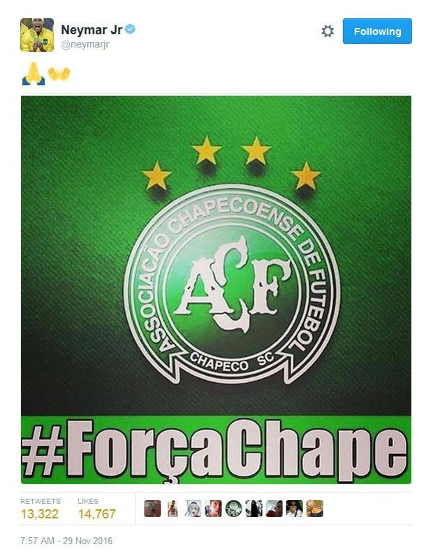 Neymar lamenta acidente com a Chapecoense (Foto: Reprodução/Twitter/Neymar)