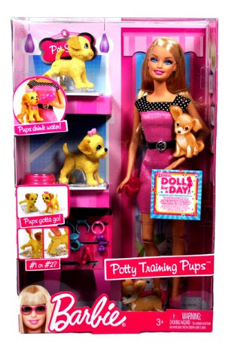 Barbie Year 2009 Fashionistas Series 12 Inch Doll Playset - POTTY TRAINING PUPS with Barbie Doll, 2 Puppies, 2 Piece of Color-Change Newspaper, Dog Bowl, Assorted Collars and Toys for the Pups (T9397)