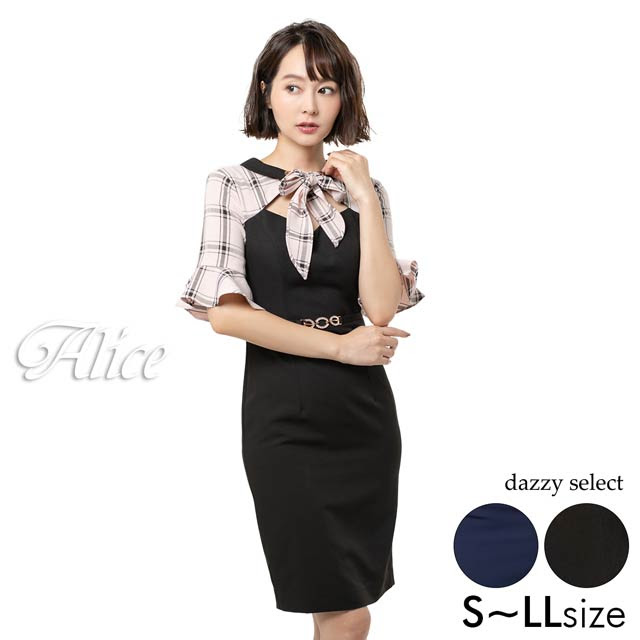 Alice チェックブラウスリボンワンピースタイト膝丈ドレス の通販はdazzystore デイジーストア Ax