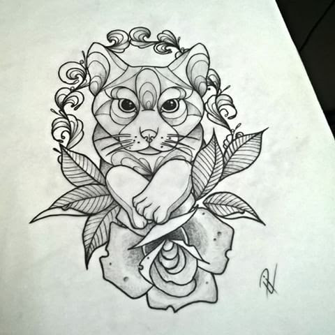 Download Black-and-white cat portrait in floral frame tattoo design ...