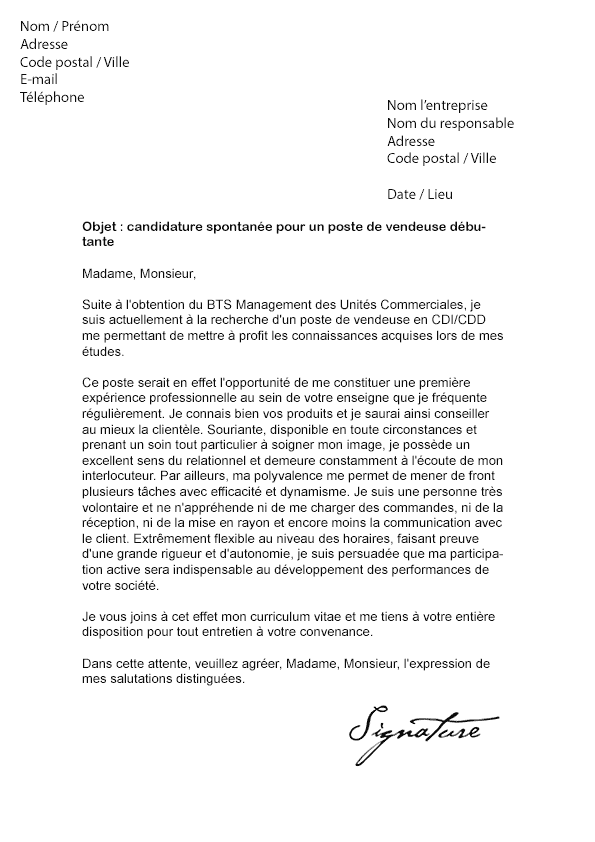 lettre de motivation vendeuse debutant