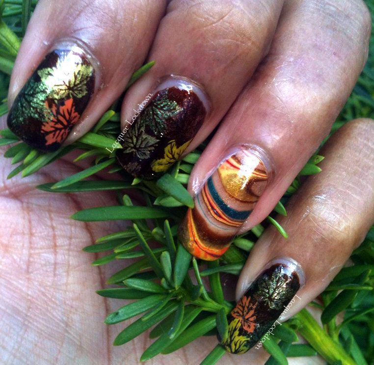 Lacquer Lockdown - Orly Buried Alive, Essie Sand Tropez, Color Club Art Club, Color Club Antiquated, Color Club Hot Like Lava, Essie Good As Gold, Essie Nothing Else Metals, Sally Hansen Insta Dri Snappy Sorbet, Konad Special Polish in Yellow, Color Club Artsy Crafty, Orly Night Owl, OPI Big Apple Red, OPI Lemonade Stand By Your Man, Milani Juicy Glo, Bundle Monster , BM04, fall mani, leaves, nail art, stamping, adventures in stamping, water marble nails