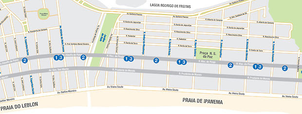 Mapa dos pontos de ônibus com corredor exclusivo em Ipanema e Leblon, na Zona Sul do Rio (Foto: Divulgação/SMTR)