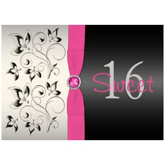 Sweet Sixteen Birthday Cakes on Pink And Black Floral Sweet 16 Party Invitation By Niteowlstudio