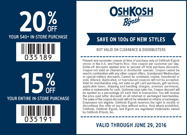 20% off your $40+ in-store purchase | 15% off your entire in-store purchase | Save on 100s of new styles | Not valid on clearance & doorbusters | Valid through June 29, 2016
