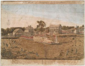 The large building in the center of this 1775 engraving by Amos Doolittle is the Meetinghouse on Lexington green. Whereas Anglicans referred to their structures as “churches,” Presbyterians rejected that notion, saying that the people are the “church” and the building is but a “meetinghouse.” Source: New York Public Library