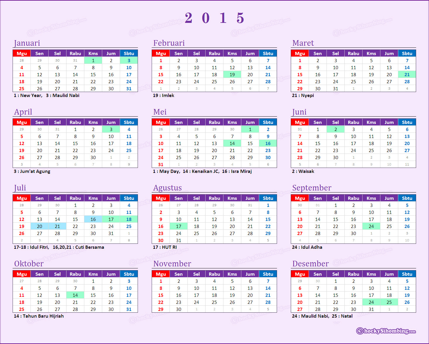 Kalender 2015 Indonesia, lengkap dengan libur nasional 