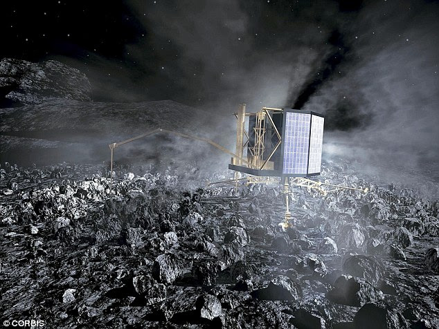 In November of this year the Philae lander will be sent to touch down on the surface of the comet (artist's illustration shown), which will be the first landing ever performed on a comet. Here, harpoons will be fired into the surface to keep it anchored while it studies its surroundings