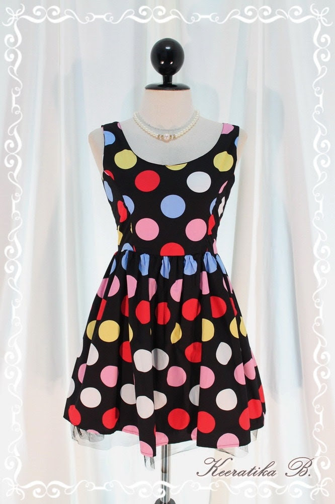 Lady Lolita - Adorable Mini Sundress Colorful Polka Dot Printed Petite Tie Bow Back Top Tutu Layer Petite Size Mini Party Dress
