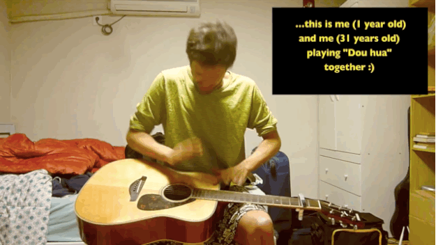 "Anyway, we’re now in 2016, exactly 20 years later. This is me (1 year old) and me (31 years old) playing “Dou hua” together :)"