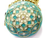 Aqua, Filigree- Vintage, Brass, Swarovski Crystal Locket Necklace