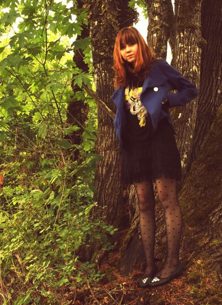 sheer heart tights, the clothes horse, blue jacket, outfit, style, woods